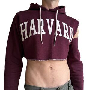 Harvard Crop‎ Hoodie Maroon Cut-Off Shoulder Distressed Style Unisex